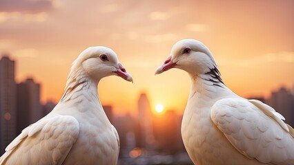 "Two Doves Forming a Heart at Sunrise, Symbolizing Love and Peace; Pigeons Share a Kiss at Sunset with Cityscape Backdrop—Perfect for Valentine's Day."