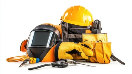 Fototapeta premium Detailed and sharp welding safety gear kit with heat-resistant gloves, auto-darkening welding helmet, and protective apron on a white background