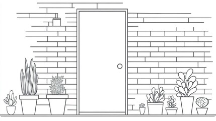 A black and white illustration of a brick wall with door and plants
