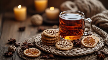 A warm and inviting scene with tea and cookies on a rustic woven platter against a brown background