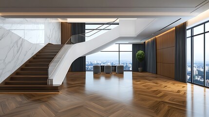 Obraz premium Modern Floating Staircase Design: 3D Render of Luxury Penthouse Interior AI Generated