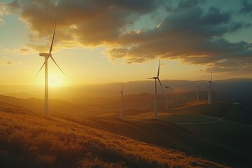 Obraz premium Wind Turbines at Sunset: Renewable energy source harnessed by wind turbines on rolling hills during golden hour. isolated on transparent background