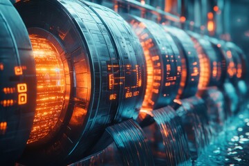 Futuristic Technology: A row of metallic, glowing orbs displaying digital information, evoking themes of advanced technology. isolated on transparent background