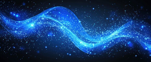 Glowing blue wave with particles in dark space.