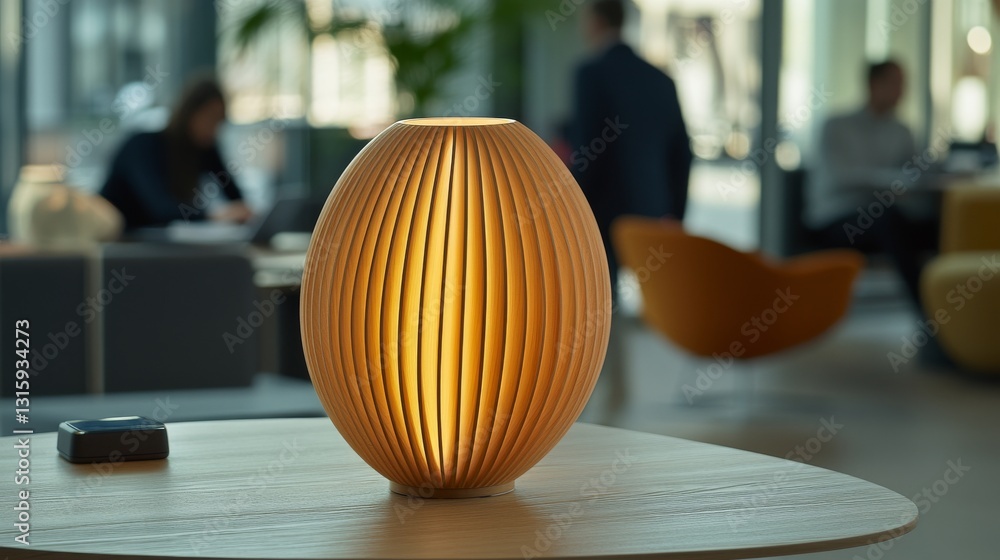 Poster a stylish workspace includes a decorative lamp on a table, with out-of-focus workers in the backgrou