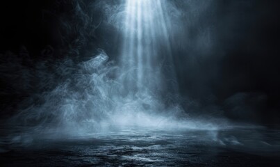 Naklejka premium Dark Blue Foggy Scene With Bright Light Beam