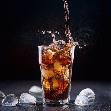 Pour soft drink in glass with ice splash on the table