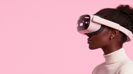 Woman Experiencing Virtual Reality Headset  Pink Background  Modern Tech