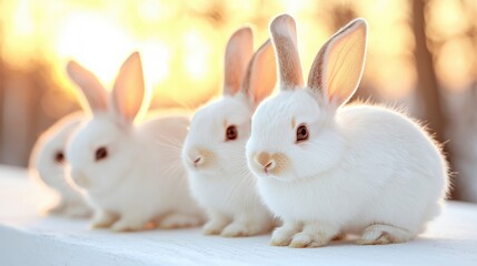 Obraz premium Adorable Easter Bunnies Sunset Forest Closeup