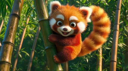 Obraz premium Cute cartoon red panda character climbing on bamboo tree.