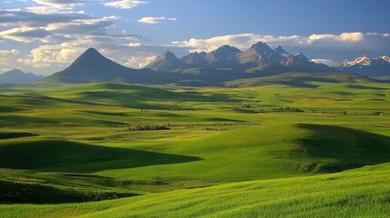 Fototapeta premium Expansive Green Landscape with Rolling Hills and Majestic Mountains Under a Bright Blue Sky with Fluffy White Clouds in a Serene Natural Setting