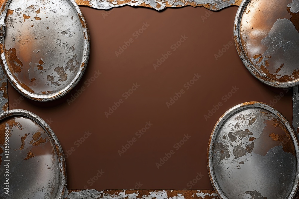Poster earthy brown background with silver rustic edges and semi-transparent oval forms featuring geometric