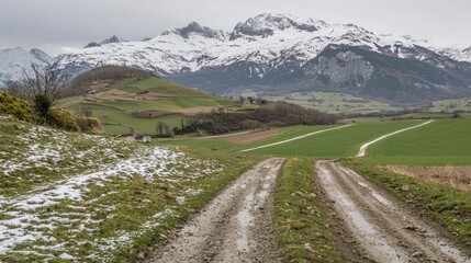 Scenic View of Rural Landscape with Snowy Mountains in the Background and Muddy Dirt Path through Green Fields in a Cloudy Atmosphere