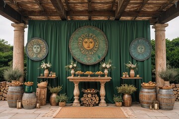 Rustic Sea Green Backdrop with Mythical Designs for June Events and Gatherings