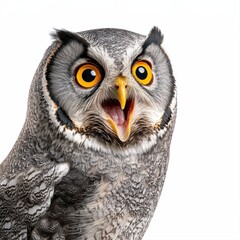 Obraz premium Impressive and very big gray owl with a tilted head showcasing its unique features against a clean white background