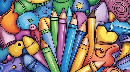 Obraz premium Vibrant Colored Pencil Doodle Illustration: A Whimsical Back-to-School Design AI Generated