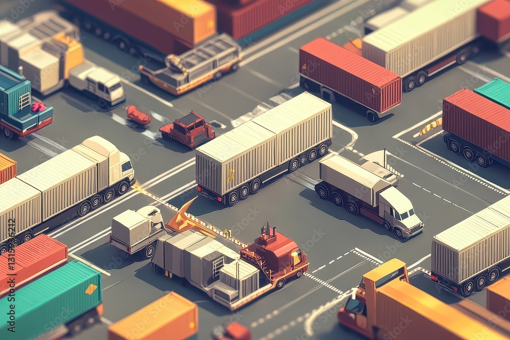 Poster aerial view of a busy shipping yard with trucks and containers navigating through traffic