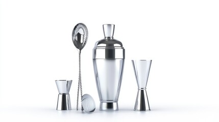 High-quality isolated image of a bartender cocktail set with a shaker, jigger, and strainer, placed on a pure white background, perfect for graphic design or advertising purposes