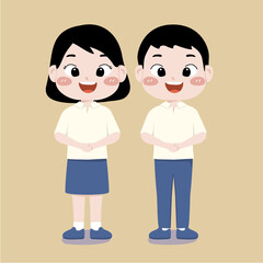 vector illustration of school boy and girl standing with respect with both hand on the front cheerfully