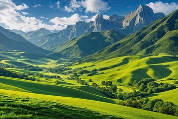 Obraz premium Breathtaking Green Hills and Majestic Mountains in Stunning Landscape View