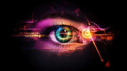 Futuristic Digital Eye with Vibrant Neon Lights and Technological Interface