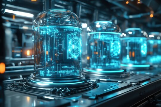 Futuristic technology. Illuminated cylindrical containers with complex circuitry, suggestive of advanced research and development, in a sterile environment. isolated on transparent background