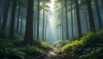 Obraz premium Enchanting Emerald Forest: A Serene Haven of Towering Trees, Whispering Leaves, and Mystical Light