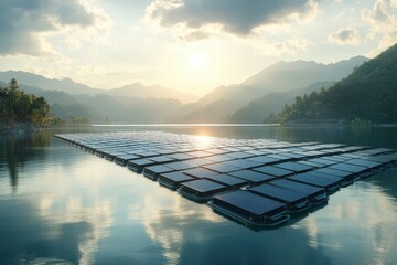 Obraz premium Floating solar panels on a serene lake, reflecting sunlight. Sustainable energy for a cleaner future with mountains in the background. isolated on transparent background