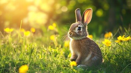 Fototapeta premium Cute brown bunny in a lush green meadow with yellow wildflowers and golden sunlight