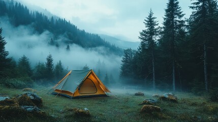 Serene Forest Campsite in Misty Hues Awaits Adventure