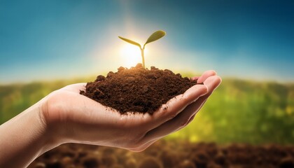 Fototapeta premium hand holding a handful of soil with a seed growing on it