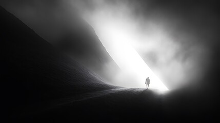 Solitary figure walking towards a bright light emanating from a dark, foggy mountain pass.
