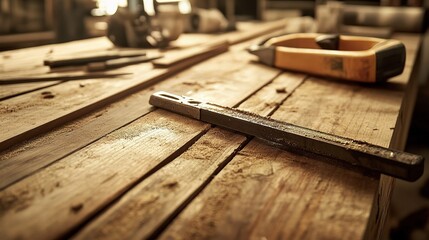 Tools and Wooden Boards on a Workbench in a Construction Setting