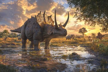 Fototapeta premium Dinosaur, Prehistoric, Sunset, Swamp, Wildlife, Animals, Nature, Landscape, Herbivore, Horns