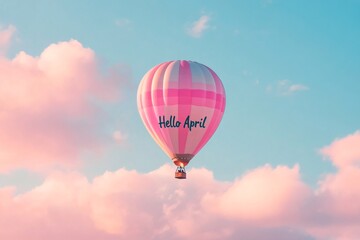 Fototapeta premium Hello april, Colorful hot air balloon soaring through pastel skies, vibrant design against fluffy clouds, evokes freedom and adventure.
