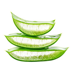 Slices of fresh aloe vera stacked on transparency background