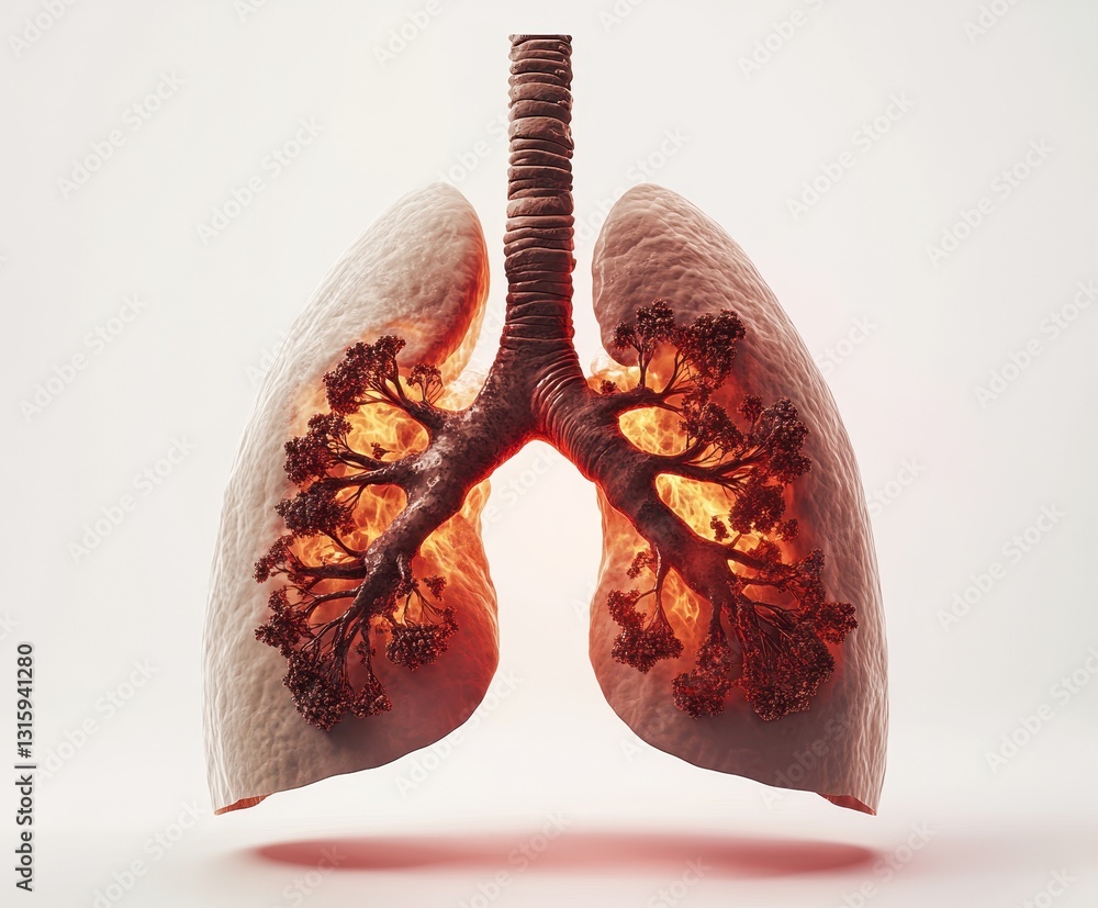 Aufkleber detailed 3d render of human lungs with internal bronchial structure illuminated in red and orange hu