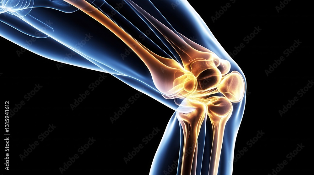 Poster detailed 3d rendering of human knee joint anatomy with glowing bones and ligaments on dark backgroun