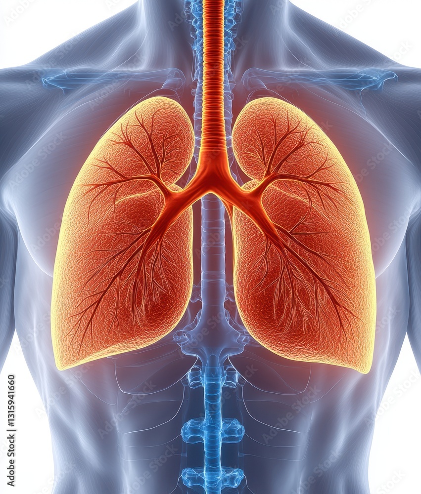 Poster detailed 3d rendering of human lungs with bronchial tree and trachea in blue and red hues