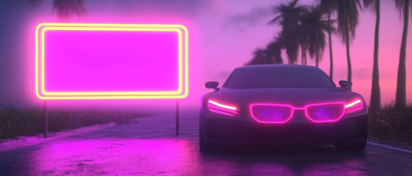 Futuristic Neon Car with Glowing Lights and Blank Sign Amidst Tropical Twilight