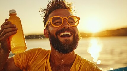 Joyful Man Holding Beverage at Sunset Beach: Capturing the Perfect Summer Vibe