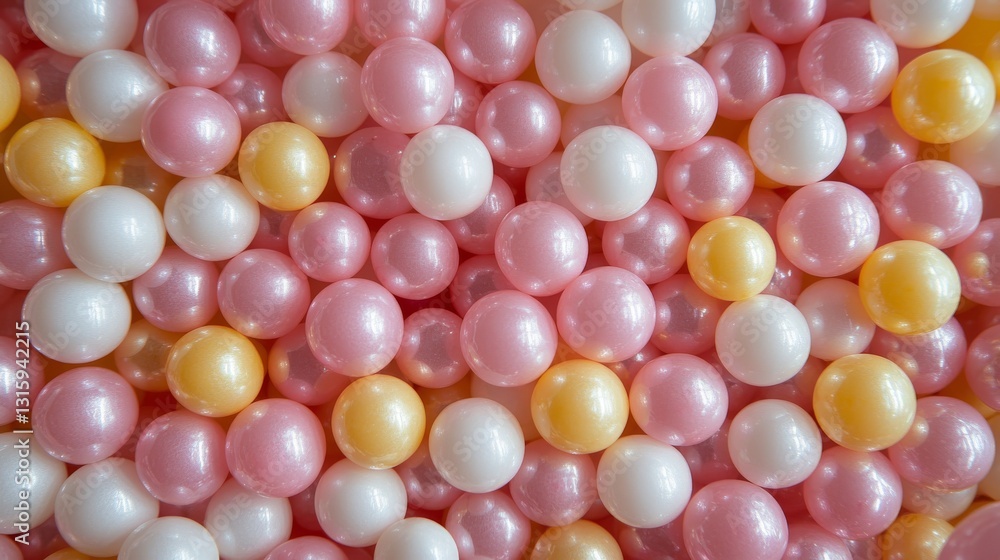 Poster a dynamic array of plastic balls in pink, yellow, and orange, creating a playful and happy visual sc