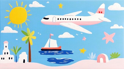 Retro Aviation Canvas Art, vibrant hand-painted design showcasing classic aircraft, evoking mid-century travel nostalgia with bold colors and dynamic composition