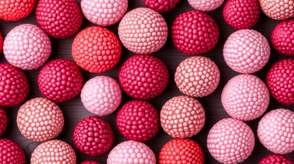 A bright assortment of glossy red, pink, and white spheres, packed densely to create a dynamic and cheerful visual texture