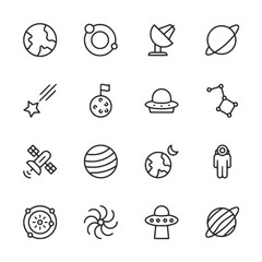 A set of space related icons including a planet, a star, a spaceship