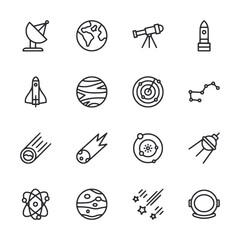 A set of space related icons including a rocket, a planet, a telescope