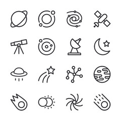 A set of space related icons including a planet, a satellite, a telescope