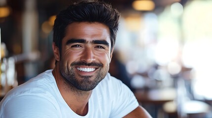 Fototapeta premium Happy smiling man with dark hair and beard sitting in cafe.