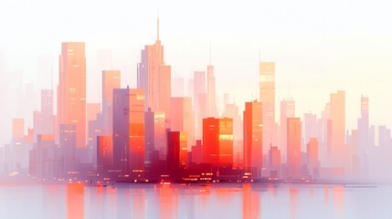 Hand-painted vintage city skyline at dusk, warm glowing lights illuminating retro architecture, capturing the charm and nostalgia of urban life.