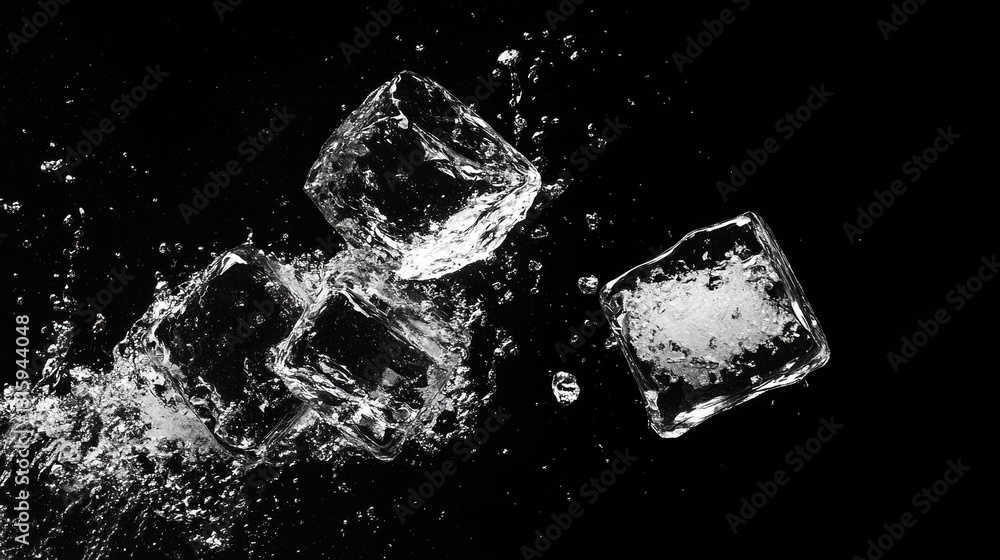 Poster dynamic ice cubes splashing on black background